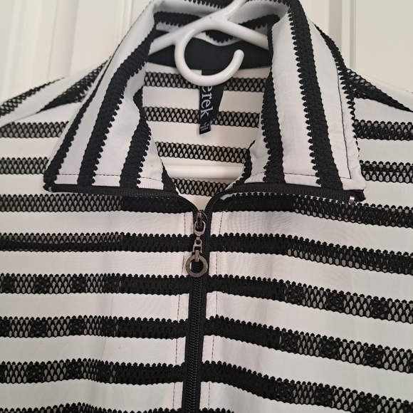 BEREK black white stripe bathing suit coverup zip front shirt coastal fishnet SM - Picture 5 of 7